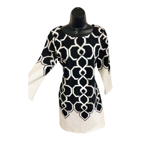 Black & off white geometry print colorblock mod style dress size medium new - Picture 12 of 16
